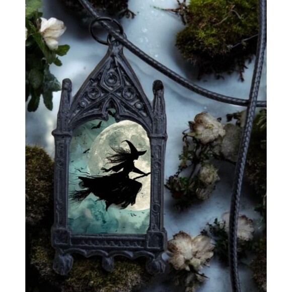 Witch Pendant - Flying Witch Necklace - Full Moon Jewelry - Picture 2 of 3